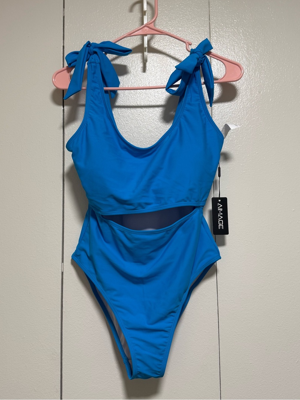 blue shoulder tie one piece swimsuit